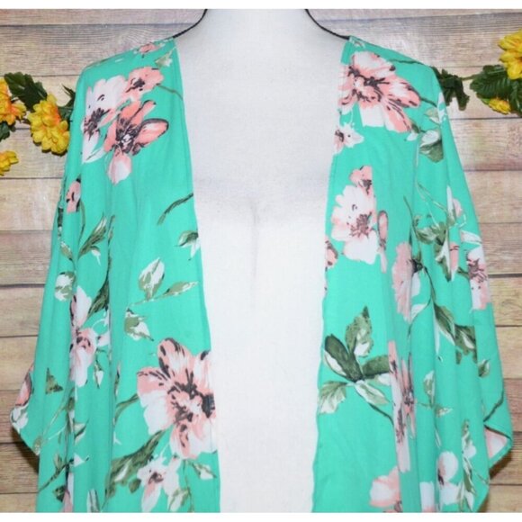 Eleven Oaks Mint Green & Pink Floral Open Front Poncho Cardigan Kimono Ladies M - Picture 4 of 12